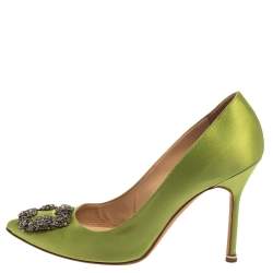 Pre Owned Manolo Blahnik Green Satin Hangisi  Pumps Size 39.5