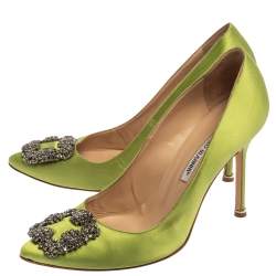 Pre Owned Manolo Blahnik Green Satin Hangisi  Pumps Size 39.5