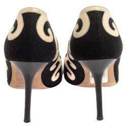 Pre Owned Manolo Blahnik Black/White Leather And Canvas Pumps Size 39.5