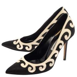 Pre Owned Manolo Blahnik Black/White Leather And Canvas Pumps Size 39.5