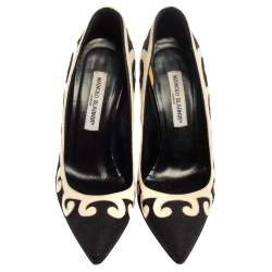 Pre Owned Manolo Blahnik Black/White Leather And Canvas Pumps Size 39.5