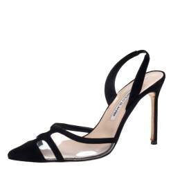 Manolo Blahnik Black PVC And Suede Gotrianc Slingback Sandals Size 39.5