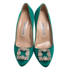 Pre Owned Manolo Blahnik Green Satin Hangisi Crystal Embellished Pumps Size 39
