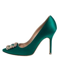 Pre Owned Manolo Blahnik Green Satin Hangisi Crystal Embellished Pumps Size 39