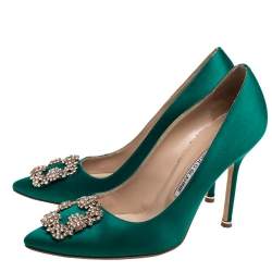 Pre Owned Manolo Blahnik Green Satin Hangisi Crystal Embellished Pumps Size 39