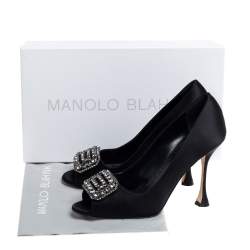 Pre Owned Manolo Blahnik Black Satin Matik Crystal Embellished Peep Toe Pumps Size 36.5