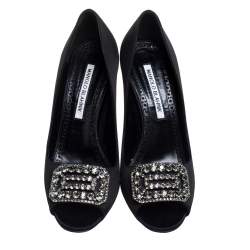 Pre Owned Manolo Blahnik Black Satin Matik Crystal Embellished Peep Toe Pumps Size 36.5