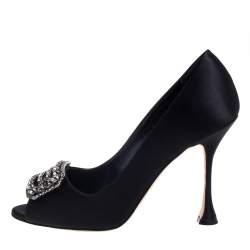 Pre Owned Manolo Blahnik Black Satin Matik Crystal Embellished Peep Toe Pumps Size 36.5