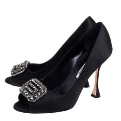 Pre Owned Manolo Blahnik Black Satin Matik Crystal Embellished Peep Toe Pumps Size 36.5