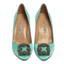 مملوكة مسبقًا Manolo Blahnik Green Satin Hangisi Embellished Pointed Toe Pumps Size 39