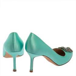 مملوكة مسبقًا Manolo Blahnik Green Satin Hangisi Embellished Pointed Toe Pumps Size 39