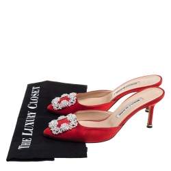 Pre Owned Manolo Blahnik Red Satin Hangisi Embellished Mules Size 37
