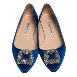 Pre Owned Manolo Blahnik Blue Satin Hangisi Embellished Ballet Flats Size 40.5