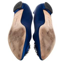 Pre Owned Manolo Blahnik Blue Satin Hangisi Embellished Ballet Flats Size 40.5