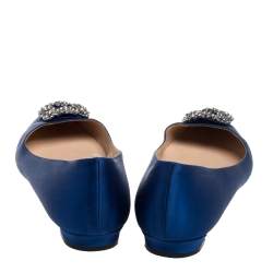 Pre Owned Manolo Blahnik Blue Satin Hangisi Embellished Ballet Flats Size 40.5