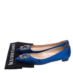 Pre Owned Manolo Blahnik Blue Satin Hangisi Embellished Ballet Flats Size 40.5