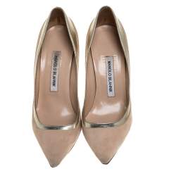 Pre Owned Manolo Blahnik Beige Suede and Leather Pointed Toe Pumps Size 36