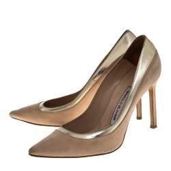 Pre Owned Manolo Blahnik Beige Suede and Leather Pointed Toe Pumps Size 36