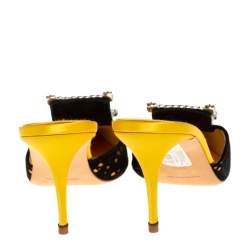 Pre Owned Manolo Blahnik Yellow/Black Satin and Laser Cut Suede Borli Crystal Embellished Mules Size 38.5