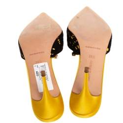 Pre Owned Manolo Blahnik Yellow/Black Satin and Laser Cut Suede Borli Crystal Embellished Mules Size 38.5