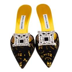 Pre Owned Manolo Blahnik Yellow/Black Satin and Laser Cut Suede Borli Crystal Embellished Mules Size 38.5