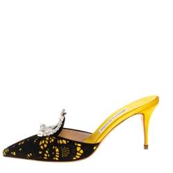 Pre Owned Manolo Blahnik Yellow/Black Satin and Laser Cut Suede Borli Crystal Embellished Mules Size 38.5