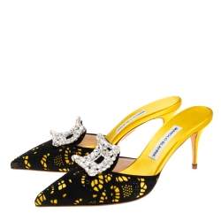 Pre Owned Manolo Blahnik Yellow/Black Satin and Laser Cut Suede Borli Crystal Embellished Mules Size 38.5