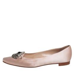 مملوكة مسبقًا Manolo Blahnik Nude Satin Crystal Embellished Ballet Flats Size 41