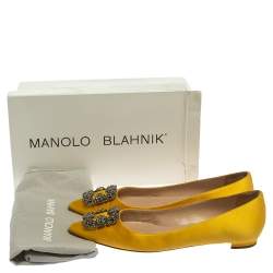 Pre Owned حذاء باليرينا فلات مانولو بلانيك مزخرف هانغيسي ساتان أصفر مقاس 39.5