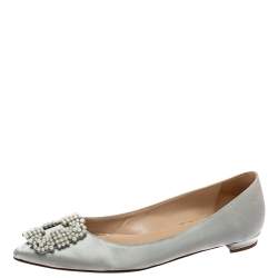 Pre Owned Manolo Blahnik Grey Satin Hangisi Crystal Embellished Ballet Flats Size 37