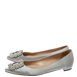 Pre Owned Manolo Blahnik Grey Satin Hangisi Crystal Embellished Ballet Flats Size 37