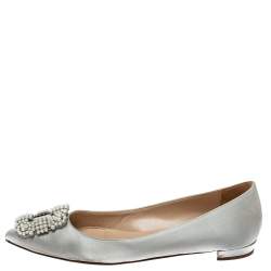Pre Owned Manolo Blahnik Grey Satin Hangisi Crystal Embellished Ballet Flats Size 37