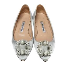 Pre Owned Manolo Blahnik Grey Satin Hangisi Crystal Embellished Ballet Flats Size 37