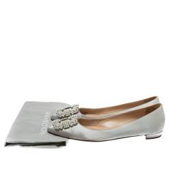Pre Owned Manolo Blahnik Grey Satin Hangisi Crystal Embellished Ballet Flats Size 37