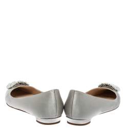 Pre Owned Manolo Blahnik Grey Satin Hangisi Crystal Embellished Ballet Flats Size 37