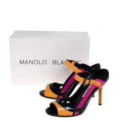 Pre Owned Manolo Blahnik Muticolor Patent And Leather  Ankle Strap Sandals Size 37.5