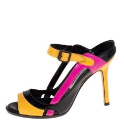Pre Owned Manolo Blahnik Muticolor Patent And Leather  Ankle Strap Sandals Size 37.5