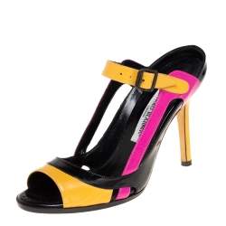 Pre Owned Manolo Blahnik Muticolor Patent And Leather  Ankle Strap Sandals Size 37.5