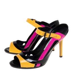 Pre Owned Manolo Blahnik Muticolor Patent And Leather  Ankle Strap Sandals Size 37.5