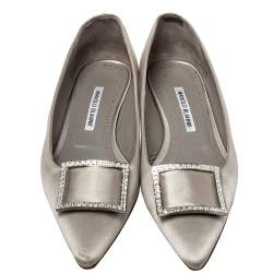 Pre Owned Manolo Blahnik Silver Satin Embellished Ballet Flats Size 39.5