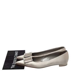 Pre Owned Manolo Blahnik Silver Satin Embellished Ballet Flats Size 39.5