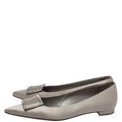 Pre Owned Manolo Blahnik Silver Satin Embellished Ballet Flats Size 39.5
