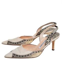 Pre Owned حذاء كعب عالي مانولو بلانيك قماش بيج و جلد ثعبان بحزام للكاحل مقاس 38