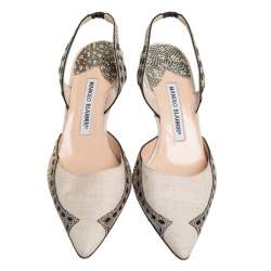 Pre Owned حذاء كعب عالي مانولو بلانيك قماش بيج و جلد ثعبان بحزام للكاحل مقاس 38