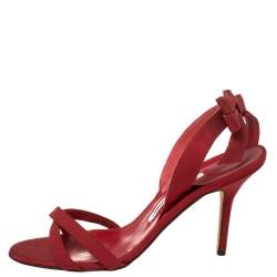 Pre Owned صندل مانولو بلانيك قماش عنابي فتحة كعب مزين فيونكة مقاس 39.5