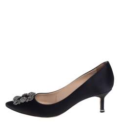 Pre Owned Manolo Blahnik Black Satin Hangisi Embellished Pointed Toe Pumps Size 38