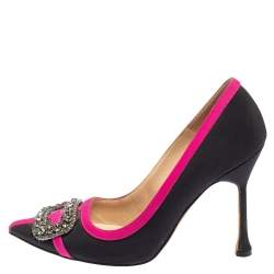 Pre Owned Manolo Blahnik Black/Pink Fabric Gotrian Crystal Embellished Pumps Size 37