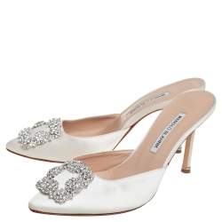 Manolo Blahnik White Satin Hangisi Crystal Embellished Mules Size 38