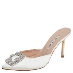 Manolo Blahnik White Satin Hangisi Crystal Embellished Mules Size 38
