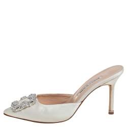 Manolo Blahnik White Satin Hangisi Crystal Embellished Mules Size 38